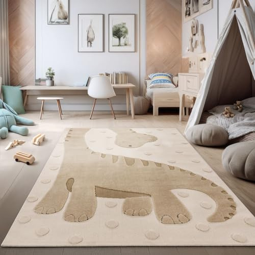 TT Home Alfombra habitación Infantil Alfombra Juego Efecto Alto-bajo Motivo Dino Estructura Bucle Suave Tonos Naturales Fácil, Tamaño:80x150 cm