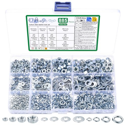 885 Pz Set di Dadi Esagonali e Rondelle Piatte e Rondella a Molla : 265 Dadi Esagonali, 310 Rondelle di Sicurezza, 310 Rondella a Spirale, Kit Dado Elementi per Viti Bulloni Filettate(M3 M4 M5 M6)