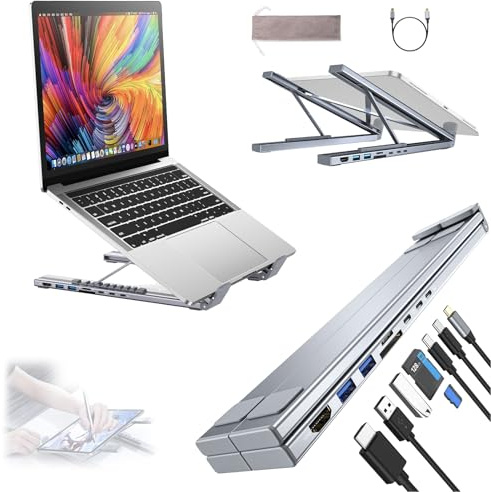 Civilized - Soporte para portátil USB-C 8 en 1 con estación de acoplamiento, estación de acoplamiento para portátil con HDMI 4K, 2 USB 3.0, 2 USB-C, entrada PD de 100 W, ranuras para tarjetas SD/TF