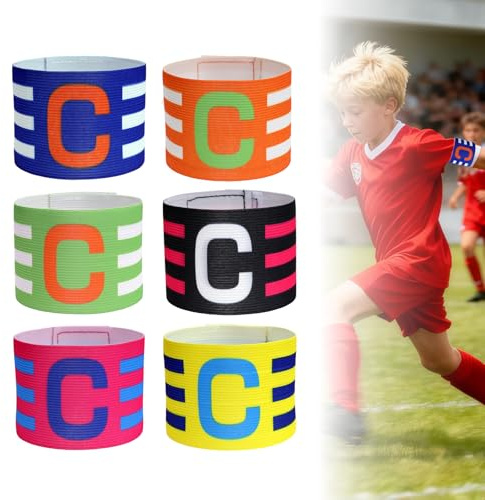 SubTack 6 bracelets de capitaine réglables pour enfants et adolescents – Bandeau élastique avec fermeture à déchirure pour football et sport d'équipe en 6 couleurs vives avec logo C bien visible