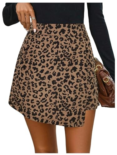 GORGLITTER Women's Leopard Print Wrap Corduroy Shorts High Waisted Asymmetrical Mini Skorts Going Out Shorts Brown Large
