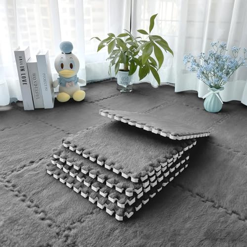 Lot de 12 tapis en mousse en peluche - 30 x 30 cm - Tapis de jeu puzzle - Tapis de sol emboîtable en EVA - Pour salon, chambre à coucher, chambre d'enfant - Gris