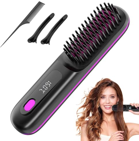 Spazzola elettrica per capelli, spazzola lisciante senza fili, ricaricabile, spazzola riscaldante per donne e uomini senza fili con display LED - 3 livelli di temperatura - Per lisciare e arricciare