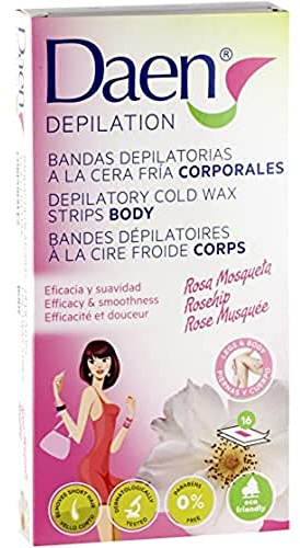 DAEN bandas depilatorias corporales cera fría rosa mosqueta 16 uds