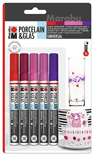 Marabu 0123000000082 - Porcelain & Glas Painter, Fantasy, Set mit 5 Farben, hochglänzender Porzellan- und Glasmalstift auf Wasserbasis, spülmaschinenfest nach Einbrennen, Spitze 1 - 2 mm