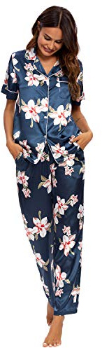 GOSO Pijama de satén para Mujer con Botones de Seda Floral Manga Cortos y Pantalones Ropa de Dormir Conjuntos Pijama para Mujer