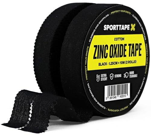 SPORTTAPE 2 Rolls (20m) Zinc Oxide Finger Tape - 1.25cm Wide - Black | Sports Tape for Climbing, BJJ, Rugby, Weightlifting & Injury Strapping | Strong Adhesive Athletic Joint Support, Blisters & Toe
