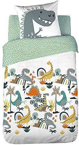 CÔTE DECO Parure da letto per bambini reversibile Dinosauri Jurassik verde, copripiumino 140 x 200 cm + 1 federa 63 x 63 cm, 100% cotone