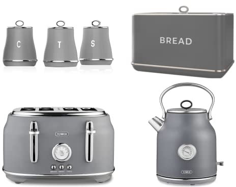 Tower Renaissance Kettle, 4 Slice Toaster, Bread Bin & Canisters Matching Kitchen Set of 6 in Grey