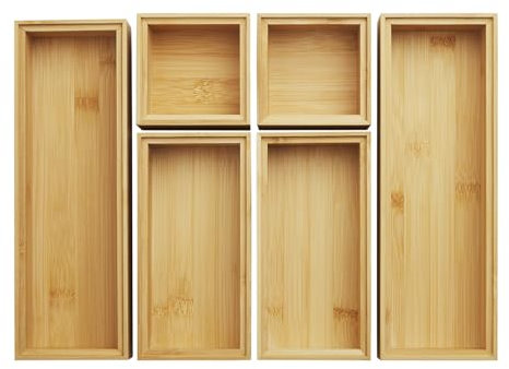 Orga-Box BAMBUS Aufbewahrungsbox 6 teiliges Set (geölt, 3 Größen 85/171/257 x 85 x 50 mm) Schubladen-Organizer stapelbar für Küche Bad und Büro