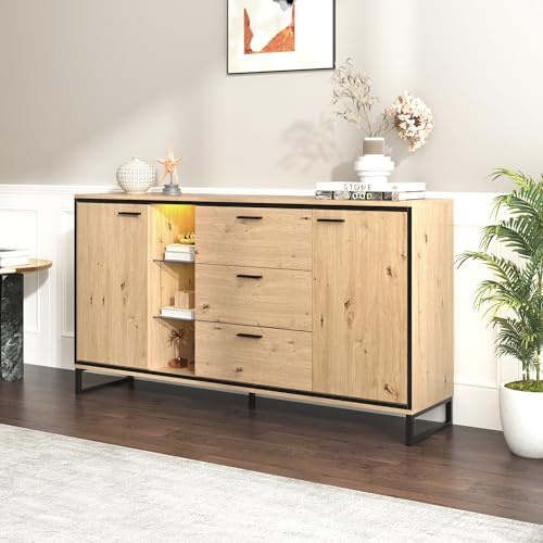 Rtopsu Sideboard Beistellschrank mit LED-Beleuchtung für Küche Wohnzimmer und Esszimmer, Buffetschrank Standschrank Küchenschrank mit 2 Türen und 3 Stauraum Schubladen, 160x40x85 cm, Schwarz & Natur