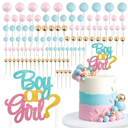 106pcs Décoration de Gâteau Balle Gâteau Topper Boy Or Girl Cake Cupcake Topper Boule Balloon Mini Topper de Gâteau Joyeux Anniversaire Or Bleu Rose pour Baby Shower Fête Prénatale Célébration