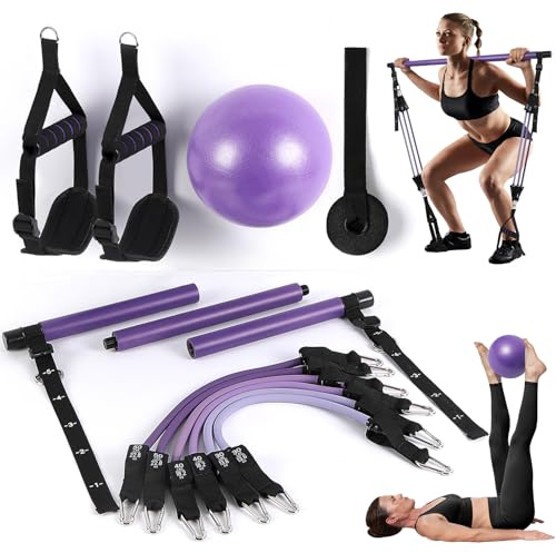 ALongSong Kit de Barra de Pilates con 6 Gomas Elasticas Musculacion 30/40/50LBS, Barra Pilates Multifuncional con Balón de Yoga y Hebilla de Ajuste Resistente para un Ejercicio en Casa