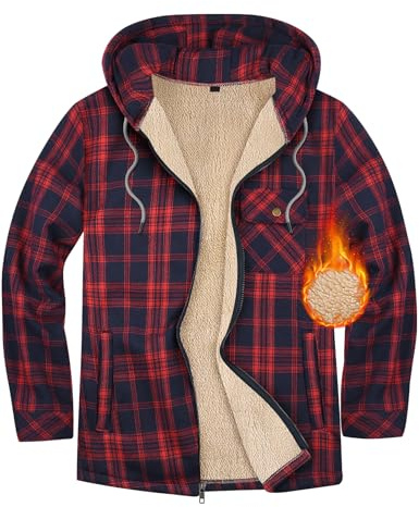 Xnova Sudaderas con Capucha Hombre Cremallera Chaquetas Cuadros de Forro Polar Cazadora Franela Invierno Cálido Camisa Cuadros Manga Larga, Rojo+Azul, XL