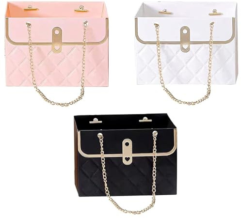 3 Pcs Flower Box, Floral Bouquets Bag Florist Storage Bucket,Bouquet Gift Packaging Boxes for Plants Sweets, Wedding Birthday Graduation Party Gift Wrap Bag(Pink Black White)