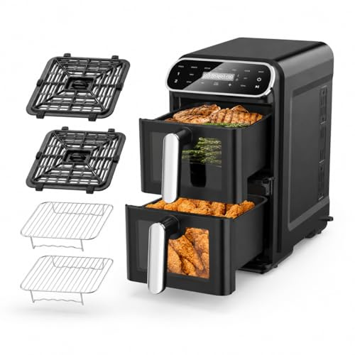 COBNN Heißluftfritteuse 2 Kammern übereinander 11L, platzsparende vertikale Doppelkammer, 2×5,5L Airfryer mit Sichtfenster, SYNC & DUAL, 9 Programme, 2460W, spülmaschinengeeignete Körbe