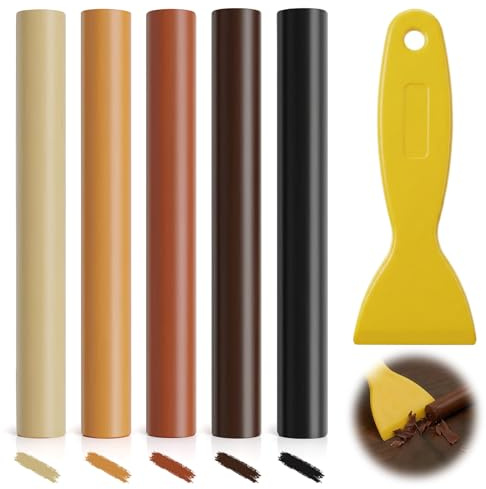 5 PCS Wax Filler Wood Repair Sticks With Scraper, Oak Wood Scratch Repair Crayons Light to Dark Brown, Wood Filler Sticks for Furniture Scratch Wooden Floor Table Door Scratches Holes Laminate (Brown)