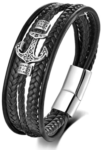 EMEM Pulsera de Cuero para Hombre Multicapa con Ancla Acero Inoxidable Negro Cuero de Microfibra Trenzado 21/23cm gm310 (21, Centímetros)