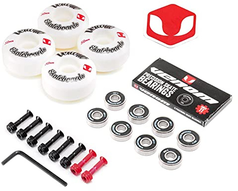 Venom Skateboards Wheels and Bearings Pack - ABEC 11 Skateboard Bearings + Skate Wheels + FREE 1 Skateboard bolts - Skateboard Accessories for Park/Street 99a Durometer 608 Bearings - 52mm