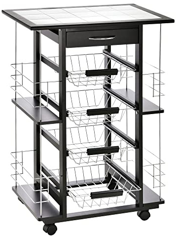 HOMCOM Carrello da Cucina con Cassetto, 4 Cesti di Frutta Estraibili e Piano in Ceramica, Carrello Cucina Salvaspazio con 4 Ripiani Laterali in Legno di Pino e Metallo, 57x37x83 cm, Nero