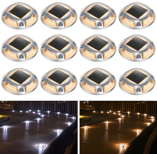 AGPTEK Solar Driveway Lights Outdoor 12 Pack, 2 Color Modes LED Deck Dock Marine Waterproof Driveway Marker Lights for Step Sidewalk Stair Garden Pathway Walkway Yard (Warm White/Cool White)