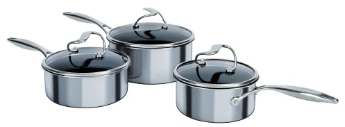 Circulon SteelShield C Series Stainless Steel Saucepan Set of 3, 16/18/20cm - Induction Saucepans with Lids - Hybrid Non Stick, Metal Utensil Safe & Dishwasher Safe Cookware