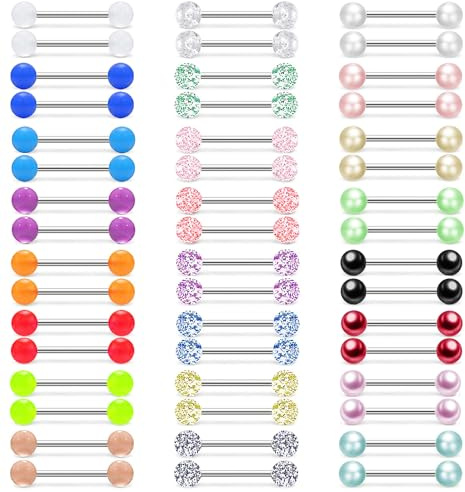 MONAZEO 48Pcs 14G Stainless Steel Nipple Rings Tongue Rings Straight Barbell Bars Piercing Glow in Dark Flexible Retainer Piercing Jewelry for Women Men 16mm Bar