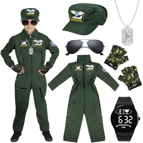 Costume Pilota Bambino, Pilot Costume Bambini,con Costume Aviatore,Cappello,Occhiali,Guanti,Collane,Orologio da Polso,Costume da Pilota per Bambino Bambini Halloween Carnevale Cosplay (130-140cm)
