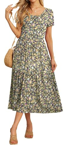 GRECERELLE Womens Summer Maxi Dress Casual Short Sleeve Crew Neck Swing Flowy Tiered Party Dresses with Pockets for Weddings, Holidays (Black Yellow, L)