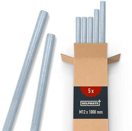 HELPMATE Tige filetée M12 x 1000 mm en acier galvanisé - Lot de 5 tiges filetées métrique entièrement filetée - Vis sans tête classe de résistance 4.8, DIN 976