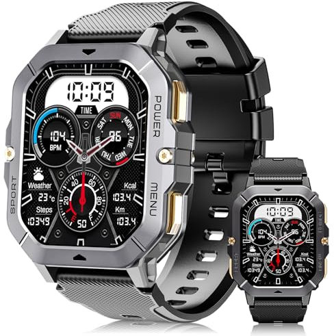 OUKITEL Smartwatch Herren - 2.02 Zoll Display Militär Smart Watch Bluetooth Anrufe tätigen Empfangen,100+ Sportmodi Fitnessuhr mit Schrittzähler Herzfrequenz, IP68 Wasserdicht für Android iOS