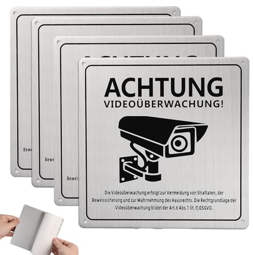 Holtrae 4 Stück Kamera Schild, 15x15cm Aluminium Achtung Videoüberwachung Schild, Kamera Uberwachung, Warnschild Videoüberwachung Für Privatgrundstück, Für Überwachungskamera Oder Kamera Attrappe