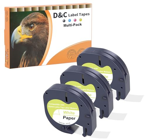 D&C 91220 Lot de 3 rubans d'étiquettes pour Dymo LetraTag 12 mm x 4 m, impression noire sur papier d'étiquetage blanc, compatible avec Dymo Letratag XR, LT-100T, 200B, LT-100H, XM