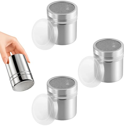 3 Stainless Steel Flour Shakers, Sugar Shaker and Chocolate Shaker Set, Icing Sugar Shaker Duster with Fine Mesh for Baking, Powder Shaker for Cinnamon, Flour Duster and Chocolate Powder Dispenser