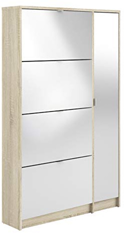 Schuhschrank mit vier Türen mit Spiegel, Eichenfarbe, Maße 99 x 162 x 17 cm