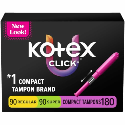 U by Kotex Click Multipack Tampons, Compact, Regular/Super Absorbency, Unscented, 180 Count (6 Packs of 30) (Packaging May Vary)
