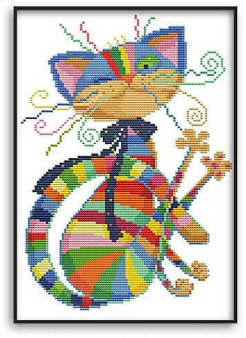 MWOOT DIY Ricamo Punto Croce Set,11CT Principianti Cucito a Mano Cross Stitch Embroidery Starter Kit per Decorazione Domestica(32x42cm) -Gatto a Sette Colori