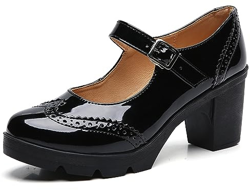 DADAWEN Women's Chunky Low Block Heels Mary Jane Closed Toe Work Pumps Comfortable Round Toe Oxfords Dress Wedding Shoes Black Patent US Size 8.5