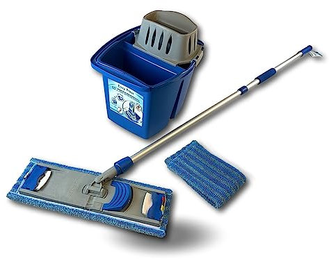 Kit lave sol easy press pro double compartiment | Nettoyage des sols | 3 franges micro easy | Manche télescopique | Seau plastique | Panier essoreur | Balai à frange easy press | Kibros EASYKIT