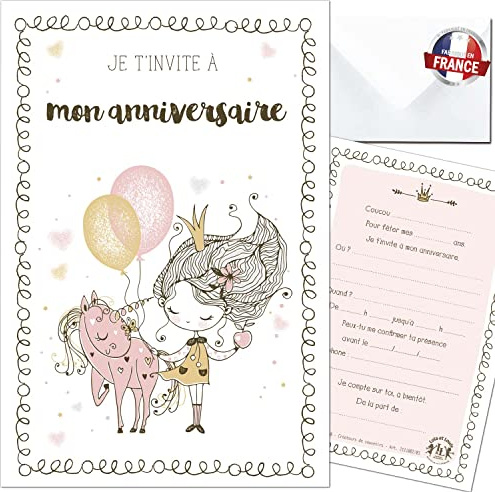 Lola et Louis (L&L) 10 cartes invitation anniversaire fille en Français • 10 enveloppes • Thèmes Princesse, Fée, Licorne, Ballons • Cartons pour inviter filles et garçons