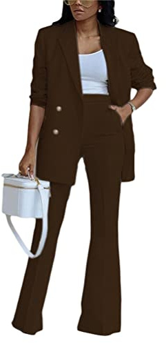 ORANDESIGNE Tailleur Femme Ensembele Pantalon et Rever Veste 2 Pieces Blazer Chic et Elegant Couleur Unie Slim Fit Formel Bureau Travail Office Pantalon Habillé Costume C-Marron L