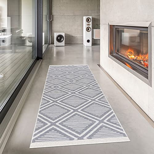 Pasha Home Läufer 80x200 cm Edinburgh/Boho Teppich aus Baumwolle für Wohnzimmer, Schlafzimmer, Küche, Bad, Kinderzimmer/Wendbar/Weiß-Grau