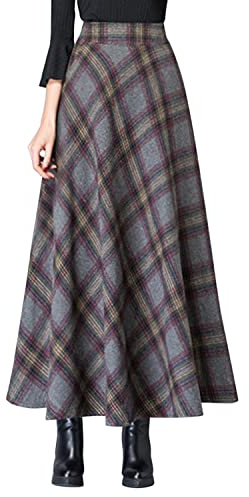 StarTreene Jupe longue en laine élégante pour femme - Jupe d'hiver - Taille haute - Plaid - Jupe plissée - Ligne A - Automne - Hiver - Jupe maxi avec poches, gris foncé, XL