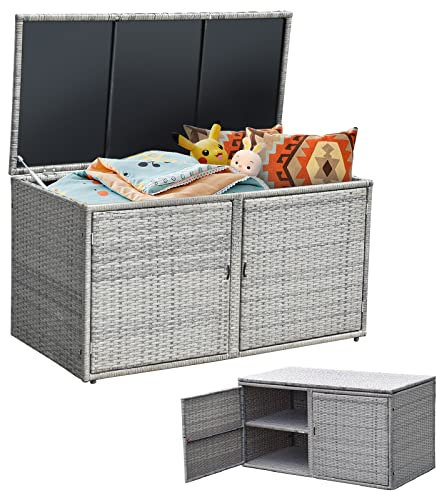 COSTWAY Coffre de Rangement Extérieure en Rotin 335L, Boîte de Rangement avec Couvercle 2 Portes 2 étagères Cadre en Acier, pour Ranger des Outils Jouet Accessoires 115x60x65CM (Gris)