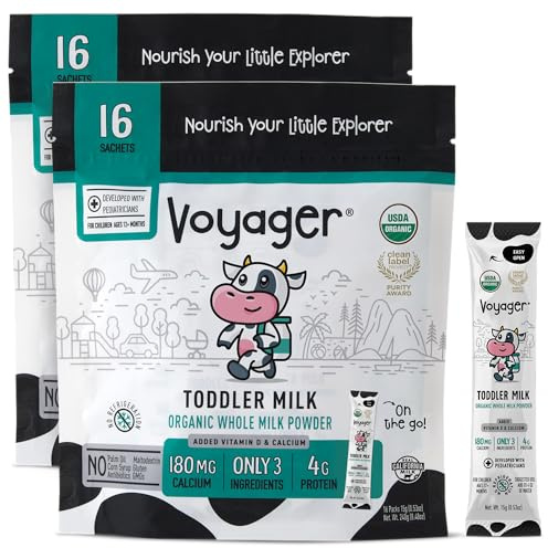 Voyager Toddler Milk On The Go, USDA Organic Shelf Stable Whole Milk Powder, Great for Travel, No Refrigeration, Gluten Free with No GMO's and No Antibiotics for Kids, 32 Sachets of 15g - 2 Pack