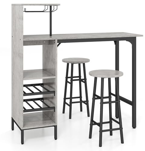 COSTWAY Set 3 Pezzi Tavolo e Sedie da Bar, Tavolo e Sgabelli da Pub Industriale con Porta Calici e 6 Portabottiglie da Vino, Set di Tavolo per Sala da Pranzo, Ristorante e Bar (Grigio)