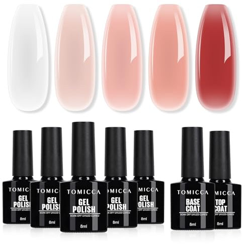 TOMICCA UV Nagellack Set - 5 Farben Gel Mit Base & No Wipe Top Coat, Milchig Weiß Rosa Nude Klar Rot Kristallgelee Soak-Off UV/LED, Nailart Starter Kit Geschenk, 7 x 8ml