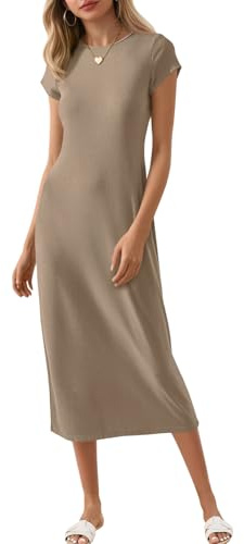 Wenrine Women's Short Sleeve T-Shirt Dress Summer Crew Neck Basic Solid Casual Long Midi Dresses Khaki