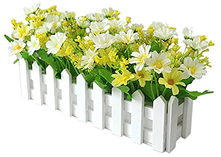 Juego de Flores de Margaritas Artificiales en Maceta con Valla de Piquete, Planta de Flores Artificiales de Seda de Flores Silvestres Falsas para Decoración del Hogar y la (A6)