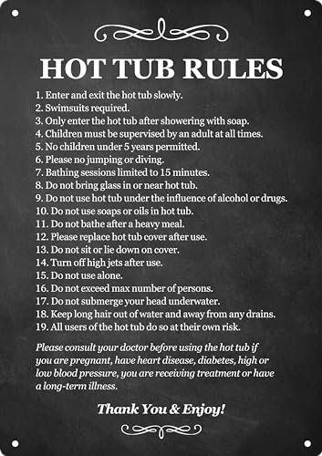 Hot Tub Rules - Black & White/Blue & White Sign for outdoor use with a list of health and safety points about using a hot tub. ideal for use in holiday accommodation (Black)